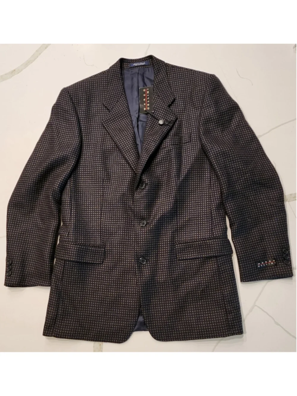 Marco Cellini Men’s 40 100% Wool Blazer Navy Tan Geometric Check Sport Coat Long